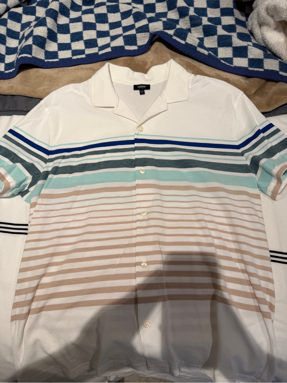 Men's Striped Short-Sleeve Button Shirt - White with Blue, Teal, and Tan Stripes